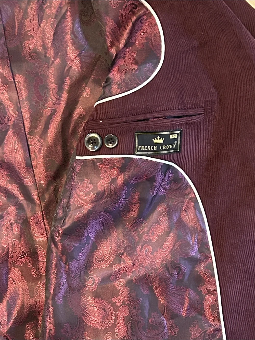 French Crown Burgundy Corduroy Blazer Mens 40 Maroon Sport Coat Paisley Lined